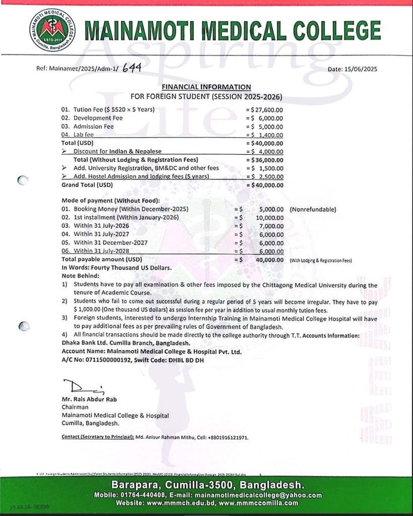 Mainamoti Medical College – Offer Letter