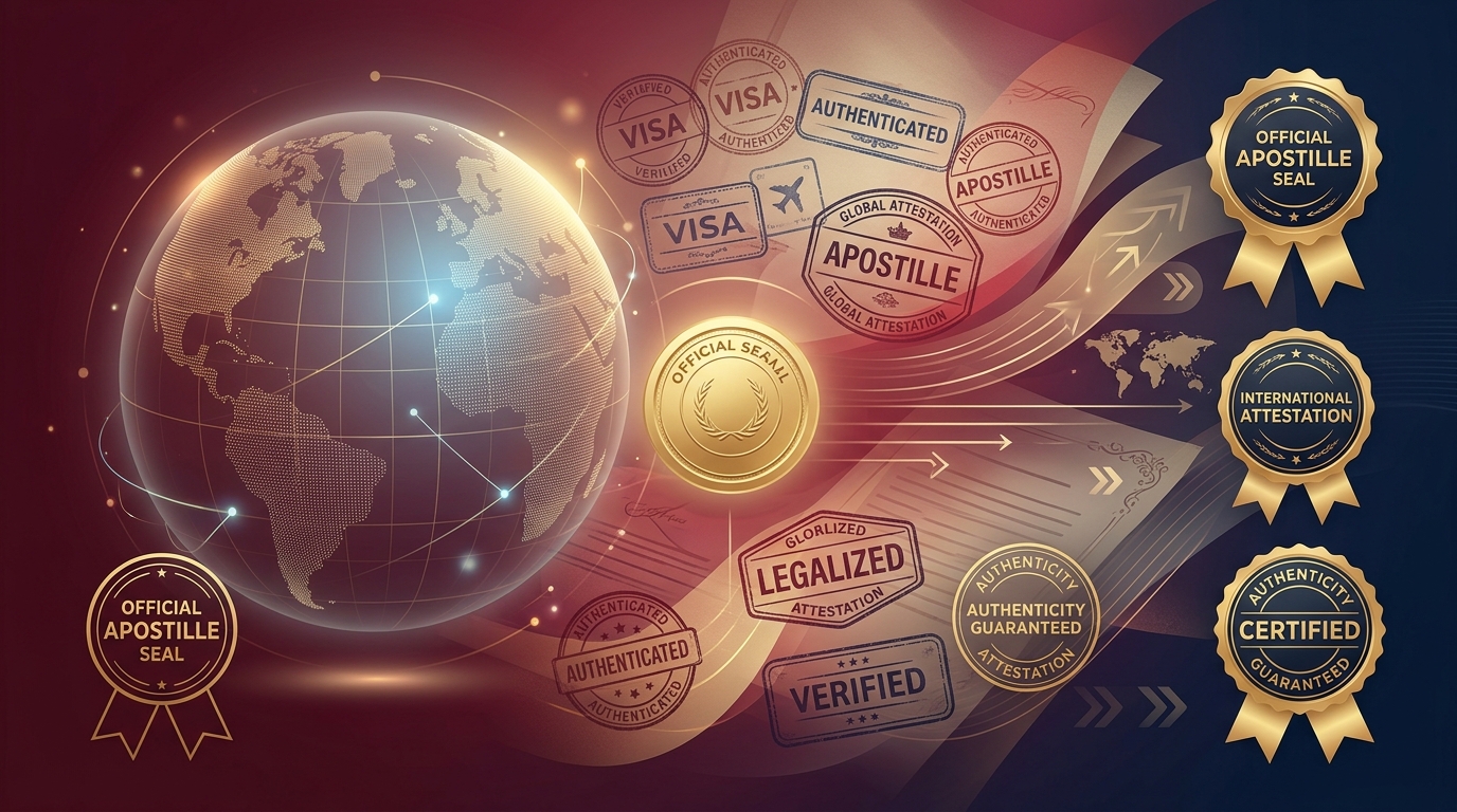 Global attestation and apostille stamp graphic representing MEA legalisation for Netherlands-bound documents