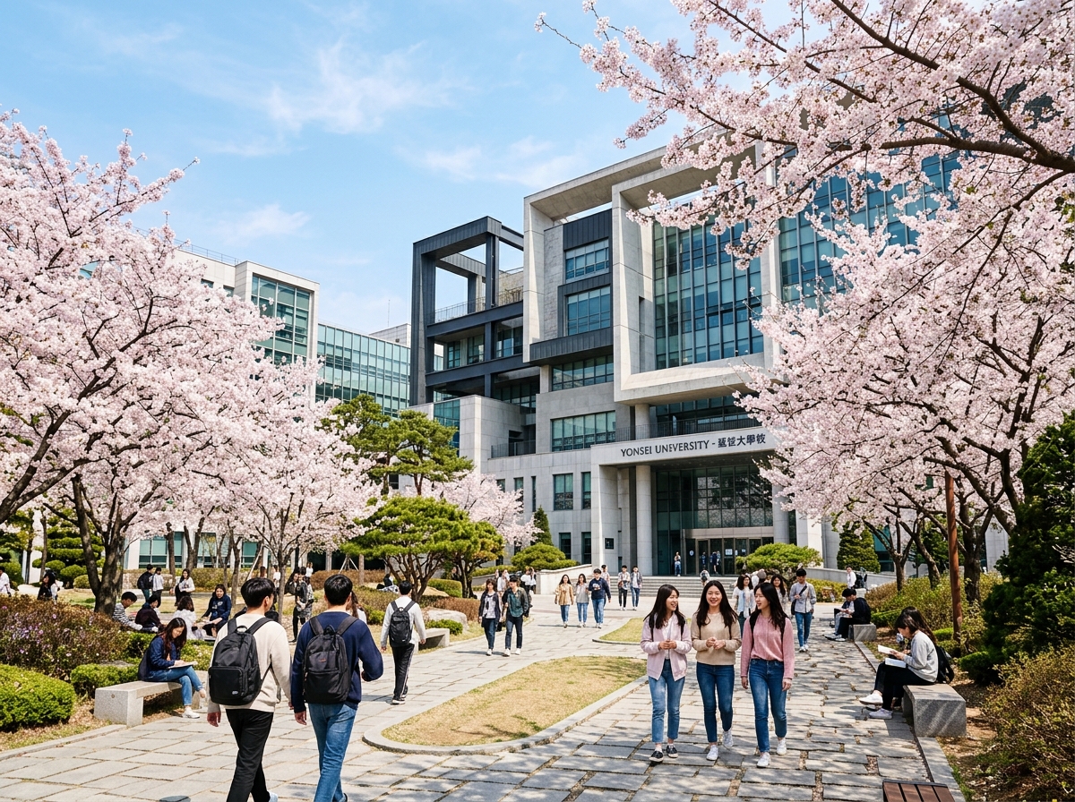 South Korean academic university campus brick building in spring