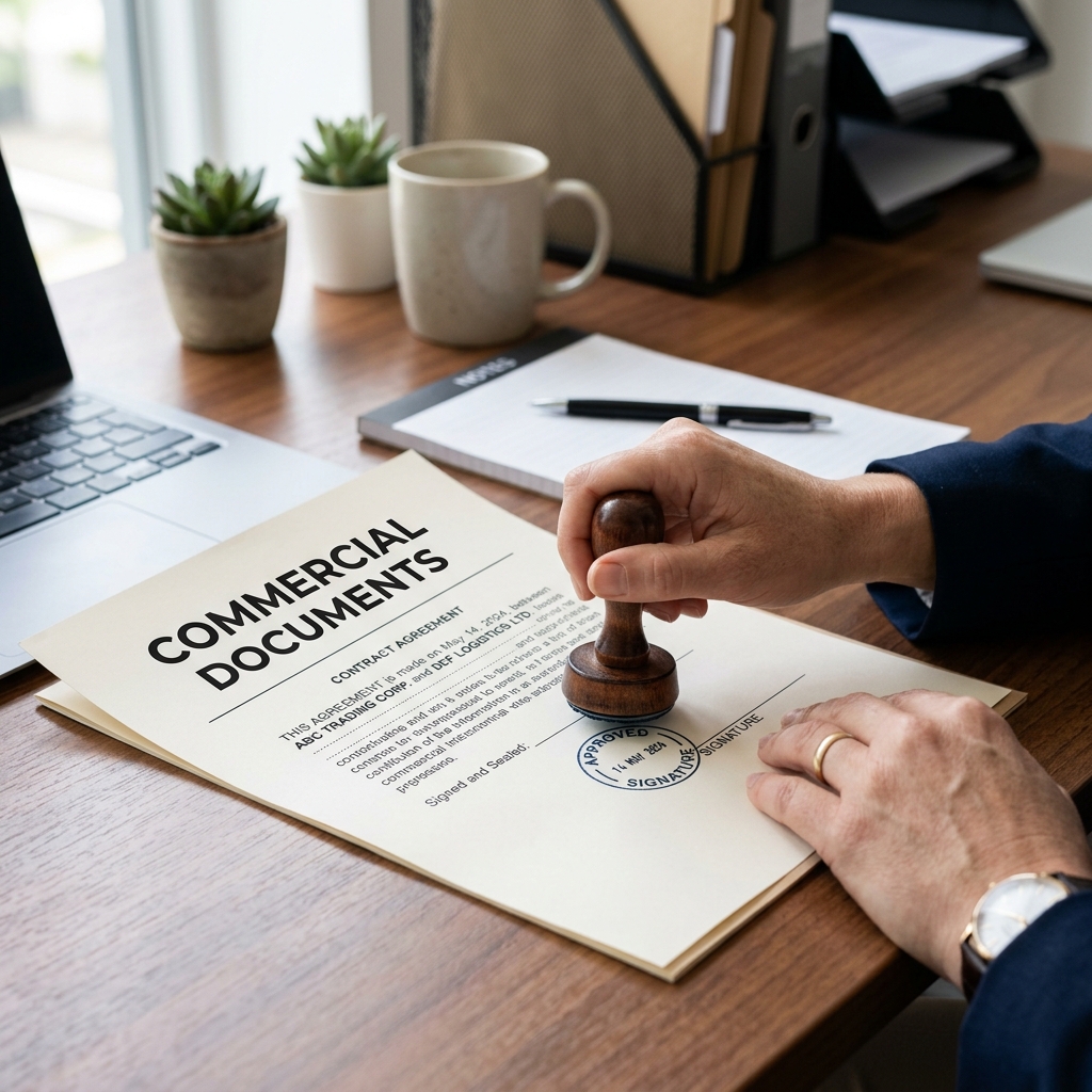Commercial document such as an invoice being stamped for embassy attestation