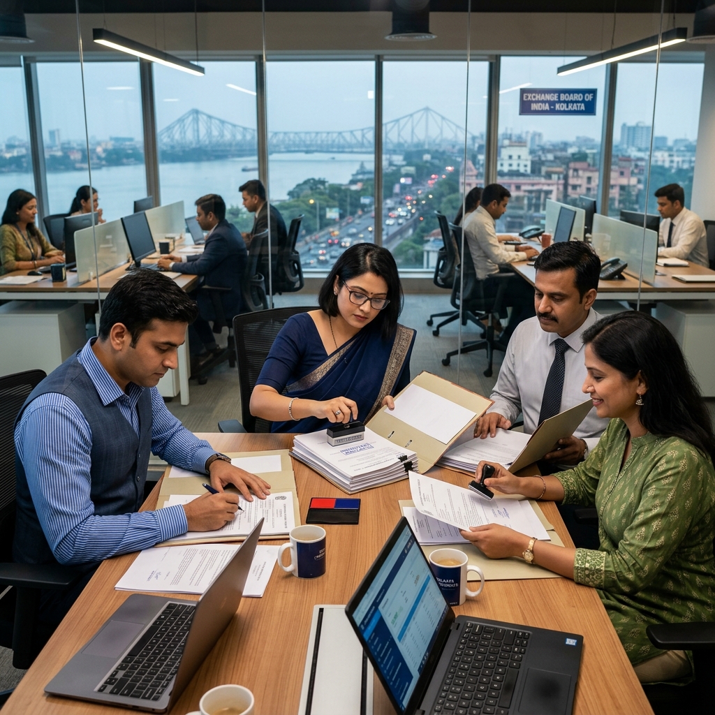 IndiaAttest embassy attestation processing team reviewing and stamping documents in Kolkata office