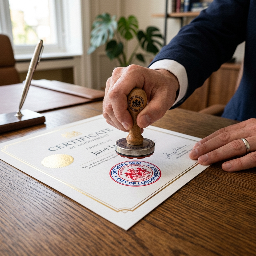 Hand stamping a certificate of achievement document for embassy attestation