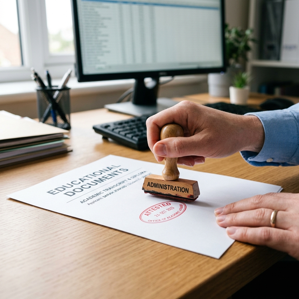 Educational document such as a degree certificate being stamped for embassy attestation