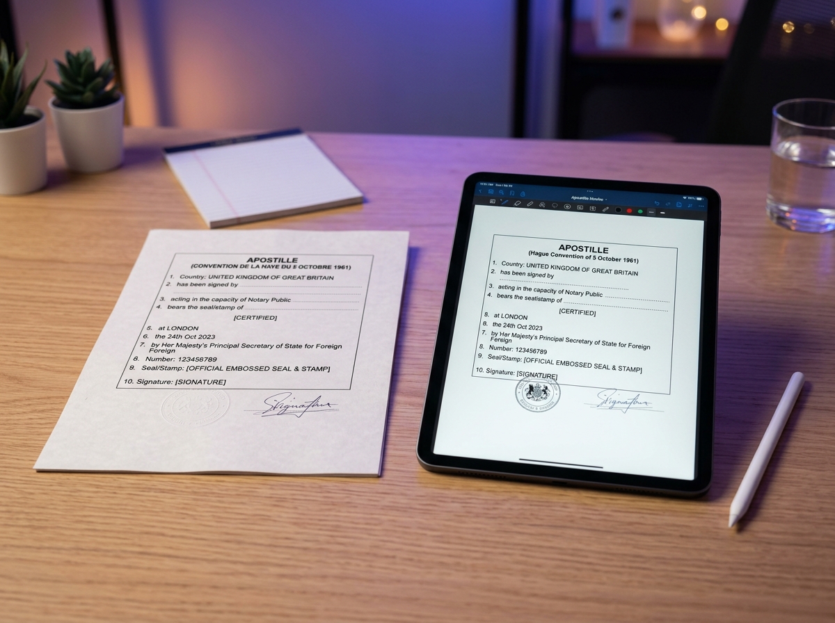 Certified apostille document translation reviewed on a digital tablet